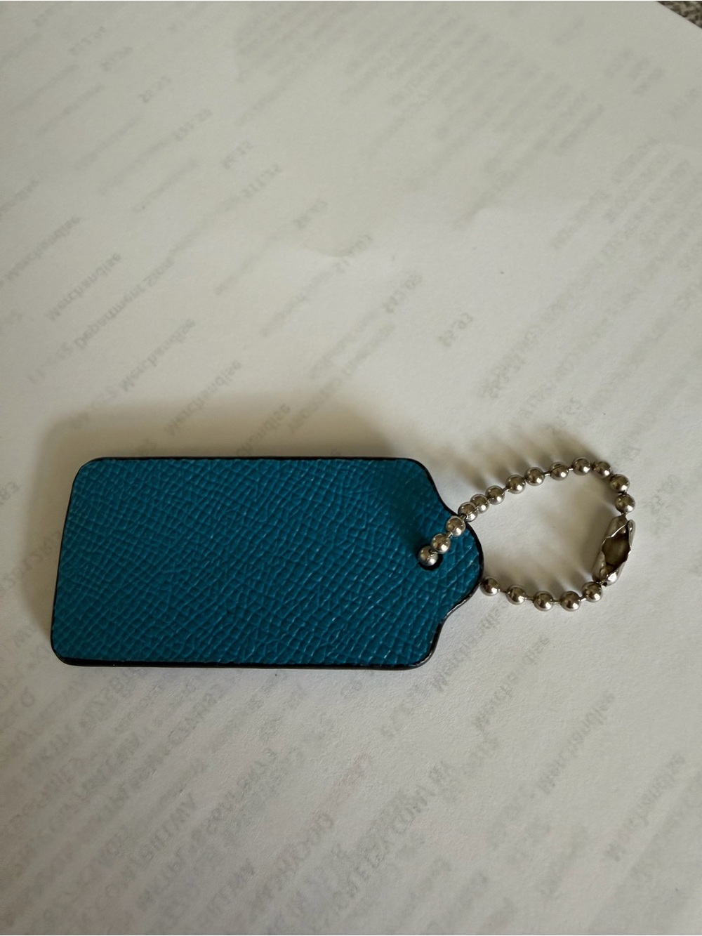 Coach Teal Pebbled Leather Hangtag with Silver Ball Chain 3.25” - Picture 2 of 2
